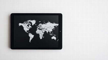Modern flat lay showcasing a tablet with a detailed world map against a minimalist background for creative mock up purposes. Generative AI