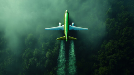 Fototapeta premium Airplane flying over dense green forest with vapor trails in misty atmosphere