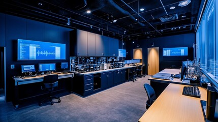 Modern office space with multiple computer stations and digital displays.