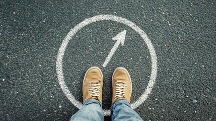 Business Target Goal Progress Objective Results Person standing on a chalk circle with an upward arrow.