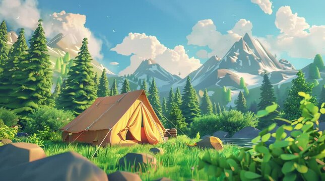 Camping tent on a vast grassland under a bright sunny sky, peaceful outdoor scenery  
Seamless looping 4k time-lapse virtual video animation Generated AI