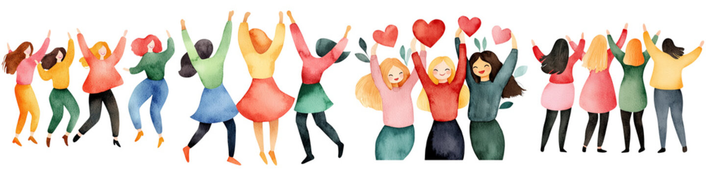 Galantine Day and friendship holiday, A vibrant group of diverse figures joyfully celebrating with raised arms and hearts, expressing happiness and unity.