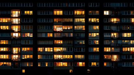 Nighttime view of an apartment building with illuminated windows.