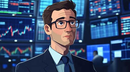 Fototapeta premium Thoughtful Trader: Digital Illustration of a Man Contemplating Market Data. AI Generated