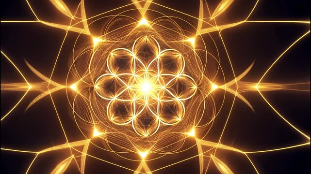 Golden Flower Of Life Esoteric Mystical Symbol Mandala Geometry Transparent Alpha Overlay On Black Background. Evil Eye Protection	