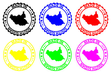 Made in South Sudan - rubber stamp - vector, Republic of South Sudan map pattern - black, blue, green, yellow, purple and red