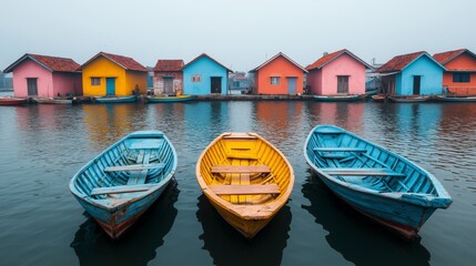 Obraz premium Fog hovering over small fishing boats docked near a village shore
