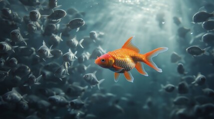 An underwater scene with a large school of small, gray fish all swimming in the same direction.