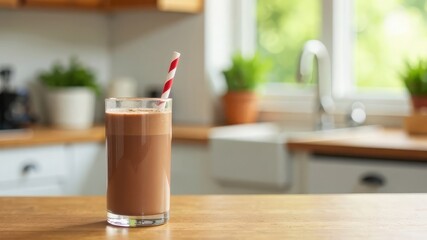 Chocolate milkshake in a glass with a straw, on a wooden table in a bright room, with a window on a blurred background. Generated AI