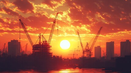 Obraz premium Silhouetted cranes against a vibrant sunset in an urban construction scene.