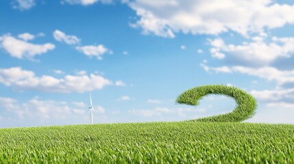 Green Grass Landscape with Wind Turbine and Question Mark Formation in Sky