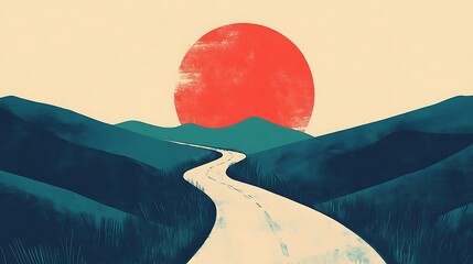 Serene Digital Painting: A Winding Road Gently Curves Towards a Majestic, Crimson Sunset Over Rolling Hills. AI Generated