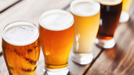 Refreshing cold beer glasses filled with a variety of craft beers are sitting on a wooden table, creating an enticing atmosphere for beer enthusiasts to enjoy and savor
