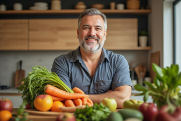 A lifestyle portrait photo of a person: A man standing in front of a table full of fruits and vegetables.
