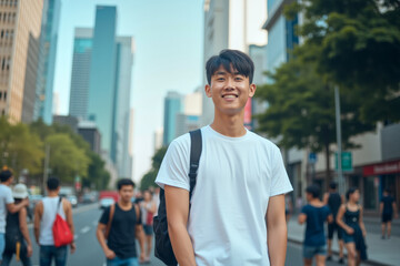 Obraz premium A lifestyle portrait photo of a person: A young man standing in the middle of a busy city street.