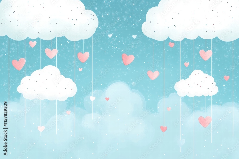 Aufkleber Whimsical Valentines Day design featuring hand drawn clouds and floating hearts with space for text. Generative AI