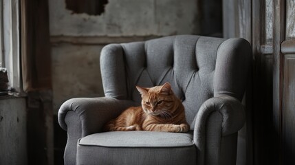 Adorable red cat curled up in a grey couch at home
