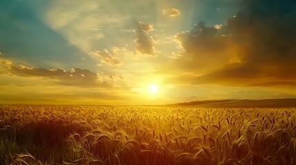 Golden Wheat Field Sunset: Vibrant Wide Shot Photo. AI Generated