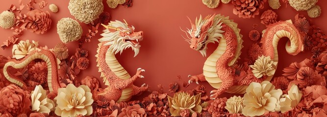 Obraz premium Celebration of Chinese New Year, red dragons and paper flowers on red background, illustration for greeting cards, invitations, banners