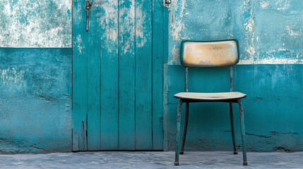 A wooden chair with a white seat against a teal background