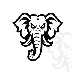 Bold and Fierce Elephant Head Logo in Black and White for Sports Teams and Wildlife Branding,Modern Vector Mascot Design Featuring a Powerful Elephant Head with Tusk Details