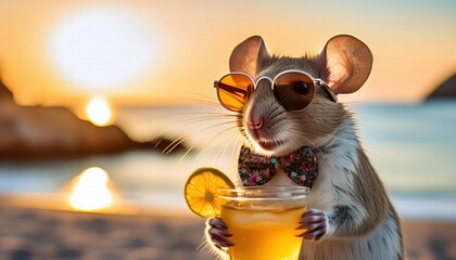 Charming Portrait of a Realistic Happy Mouse with Sunglasses and Bow Tie, Enjoying a Cocktail at a Vibrant Sunset Party, Capturing the Essence of Joy and Celebration in a Whimsical Setting