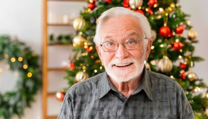 Heartwarming Portrait of a Senior Caucasian Man in a Festively Decorated Nursing Home Celebrating Christmas and New Years Joy, Embracing the Spirit of the Season with Cheerful Decorations