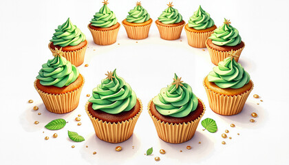 Green frosted cupcakes arranged in a festive circle.