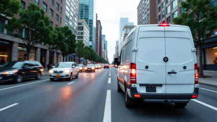 A white delivery van travels down a city street with traffic and buildings in the background.
Concept of delivery in motion.