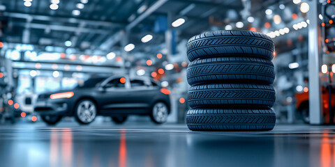 Seasonal tire replacement on car. Car is standing in a car service station for tire replacement. Spare tires for auto. Tire replacement concept.