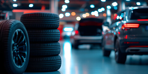 Seasonal tire replacement on car. Car is standing in a car service station for tire replacement. Spare tires for auto. Tire replacement concept.