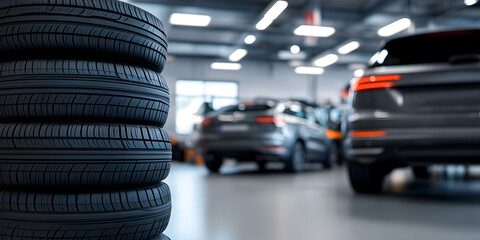 Seasonal tire replacement on car. Car is standing in a car service station for tire replacement. Spare tires for auto. Tire replacement concept.