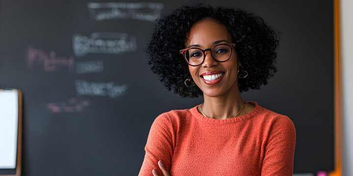 Smiling African-American woman teacher in classroom background with blackboard. Concept woman teacher.