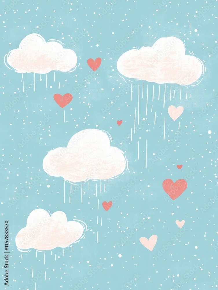 Poster whimsical valentines day design featuring playful clouds and hearts with room for custom text. gener