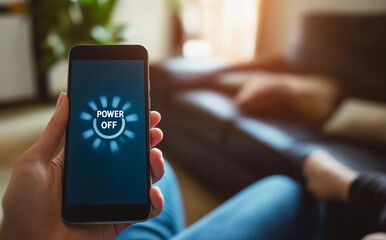 A person holds a cell phone that says power off disconnecting from technology turn off limit screen time concept