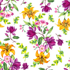 Watercolor Magnolia lily freesia flower. Magnolia pattern. Lily pattern. Freesia pattern. Blooming pattern for textiles, fabrics, prints, clothing, wallpaper