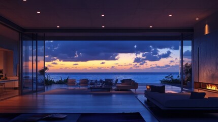 The living and dining areas of this contemporary, opulent residence are open to the ocean at twilight.
