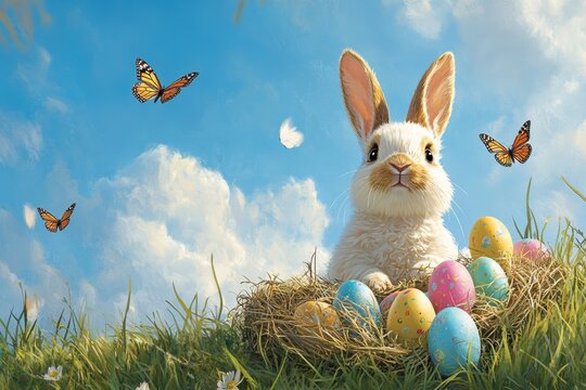 A cheerful Easter scene showcases a fluffy bunny amidst colorful eggs and fluttering butterflies under a bright blue sky, radiating warmth and joy, celebrating the essence of spring
