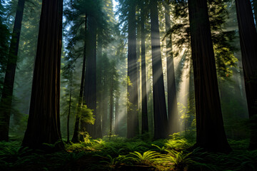 Fototapeta premium Ethereal Majesty: A Captivating Journey Through an Ef Redwood Forest