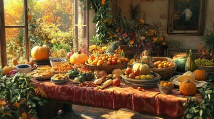 Abundant autumn harvest feast on rustic table near sunlit window.