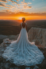 A woman in a wedding dress standing on a cliff overlooking a lake at sunset