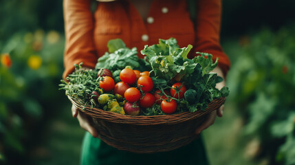 Fototapeta premium Harvesting fresh vegetables from a thriving garden during the warm summer afternoon