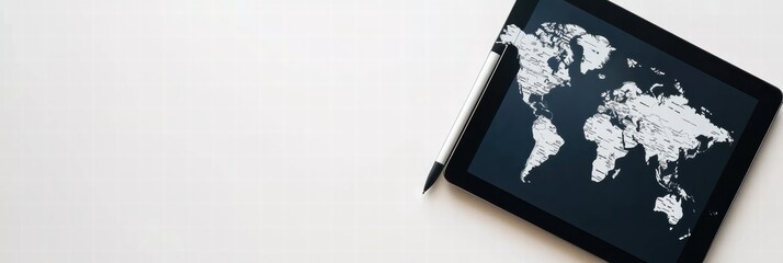 Modern flat lay featuring a tablet with a detailed world map and space for personalized text. Generative AI
