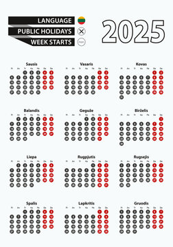 Vector template calendar 2025 with number in circles, simple Lithuanian calendar for year 2025.