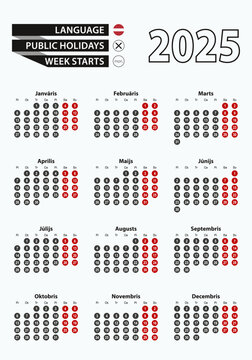 Vector template calendar 2025 with number in circles, simple Latvian calendar for year 2025.