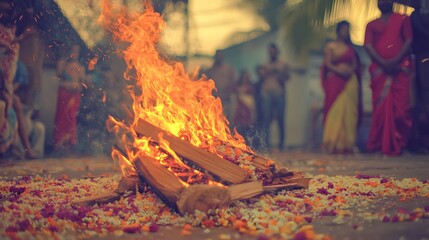 A bonfire burns brightly, surrounded by scattered flower petals.  Blurred figures in traditional clothing stand in the background, suggesting a cultural celebration or ritual.