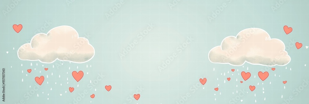 Poster whimsical valentines day design with hand drawn clouds and heart shaped raindrops in a soft blue bac