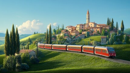 Obraz premium Scenic Train Journey Through Rolling Hills
