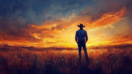 Fototapeta premium Silhouetted Cowboy Contemplates Vibrant Sunset Over Expansive Prairie - Digital Painting, Impressionistic Style. AI Generated