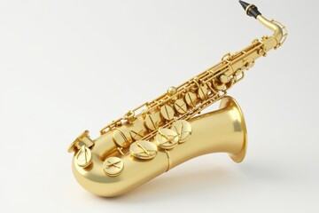 Golden saxophone standing alone on white surface, musical instrument, music note, elegant item